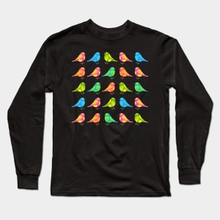 Cute little colourful birds with hearts on black background Long Sleeve T-Shirt